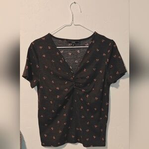 Vibe Sportswear Black Short-Sleeve Twist-Front Floral Top